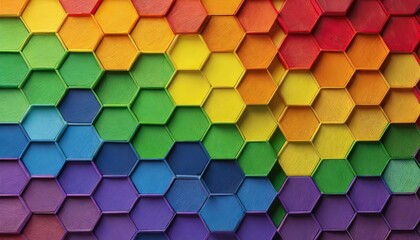 background texture of symmetrically arranged hexagons painted in the colors of the LGBT flag
