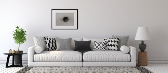 Cozy white living room with a black and white patterned carpet as the center of attention Copy space image