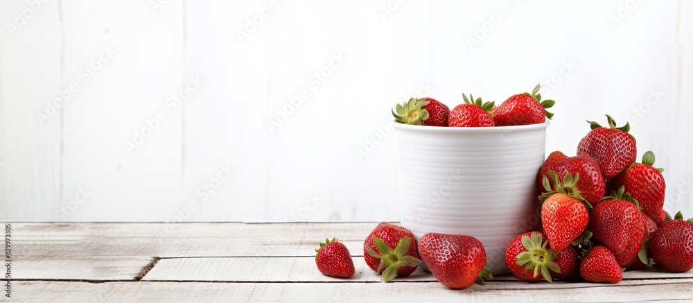 Aufkleber healthy food consisting of red strawberries arranged in a cup on a white washed wood surface with am