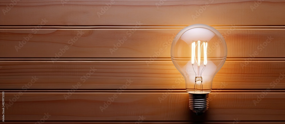 Poster A LED light bulb is seen from a top view against a wooden background providing plenty of space for additional images or text
