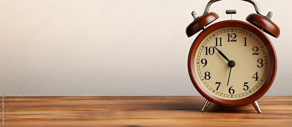 Poster on a white background an old brown wooden desk showcases a closeup of an alarm clock indicating half