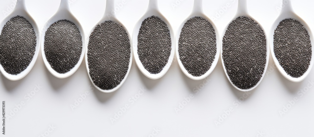 Poster a copy space image of chia seeds set against a white background