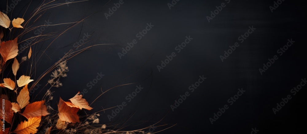 Poster A dark autumn background featuring leaves and brown flax with empty space for text or images. with copy space image. Place for adding text or design