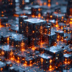 Glowing Cubes of Digital Data Mining in Futuristic 3D Landscape
