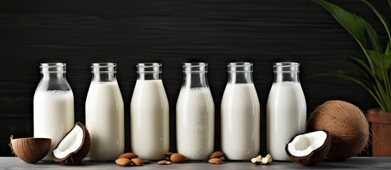 Non dairy milk alternatives such as coconut almond and oat homemade milk are displayed on a dark background This concept captures various healthy beverage choices Copy space image - Powered by Adobe