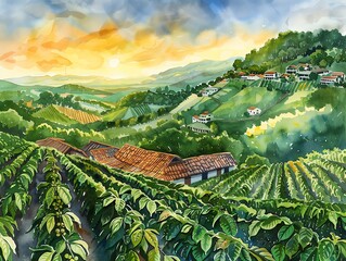 Aquarelle painting of a coffee plantation in the mountains