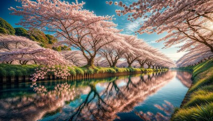 Serene Cherry Blossom River, Springtime Nature Scene