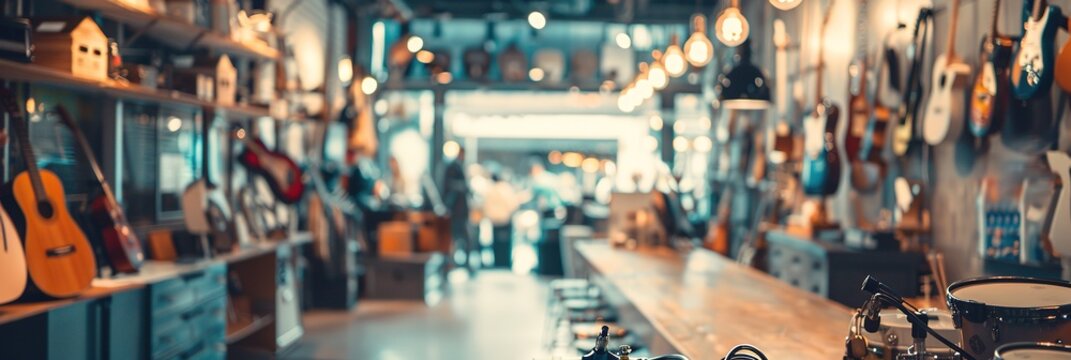 blur background with a huge assortment of different guitars hanging on the walls in a musical instrument store. music shop. guitars for sale . Hobbies and recreation.