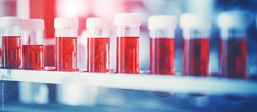 Poster blank blood test tube sample with copy space image set against a laboratory background for text plac