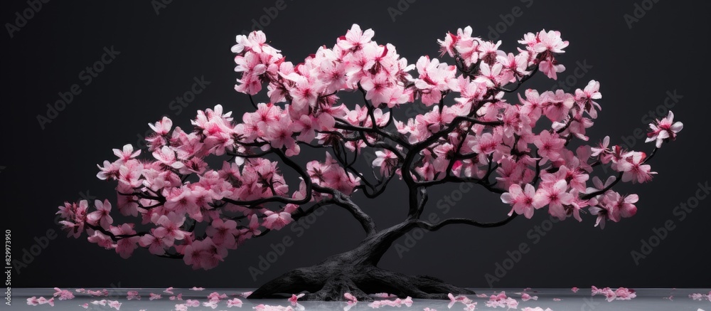 Poster an image featuring a dark background with a beautiful sakura tree in full bloom providing plenty of 