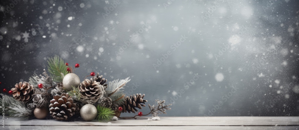 Poster A festive Christmas background with ornaments fir cones and a concrete backdrop. with copy space image. Place for adding text or design