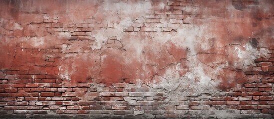 Fototapeta premium Horizontal copy space image of an aged crimson brick wall with an irregular surface set in contrast with a weathered cement backdrop