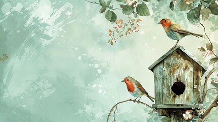 Two birds are perched on a branch in front of a birdhouse