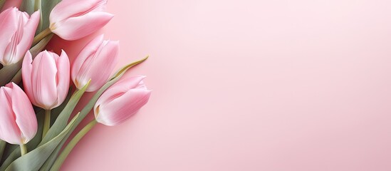 Fototapeta premium Pink tulip frame on pastel pink background with copy space image Minimal flat lay aesthetic Represents the beauty of spring and nature