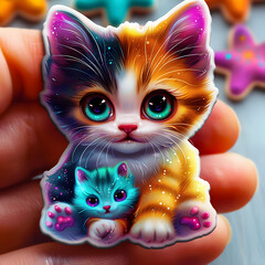 Cartoon character kitten 3d illustration for children. Cute fairytale cat print for clothes, stationery, books, merchandise. Toy kitten 3D character banner, background. Cartoon character 3d cat.