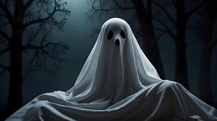 Ghost bed cloth halloween costume illustration. Generative AI