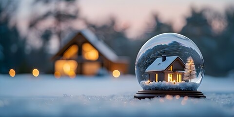 Snow globe with a miniature modern house next to a real cozy house with lit windows in winter. Concept Winter Wonderland, Miniature House, Cozy Home, Snowfall, Festive Decorations