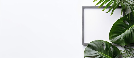 A gray background with a monstera leaf and an empty photo frame mockup Flat lay top view with copy space for text or images