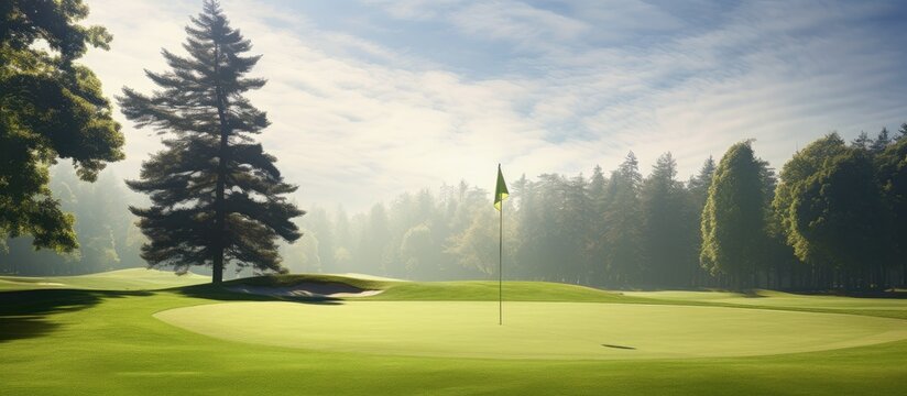 A picturesque golf course featuring a flagpole on a golf hole offering ample space for copy images