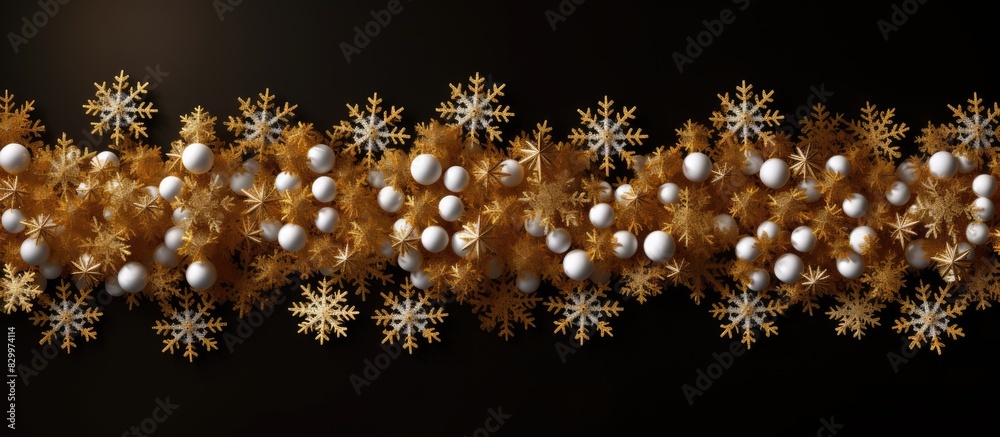 Poster golden bead snowflakes arranged in a top down view depicted as a frame embody the concept of christm