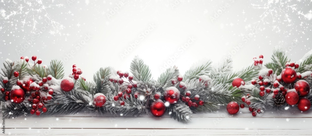 Poster a festive display of decorated christmas branches arranged against a white wooden backdrop providing