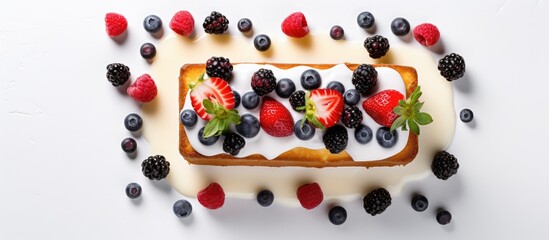 Overhead view of a classic pound cake or yogurt cake delicately adorned with a sugary glaze and pristine fresh berries perfectly framed with ample copy space for creative additions