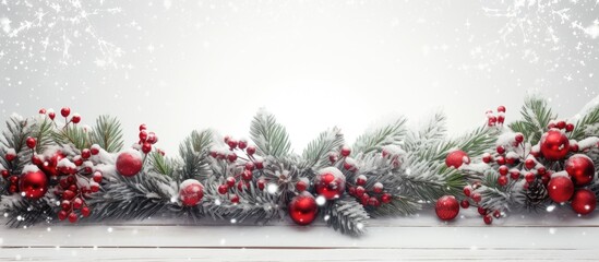 A festive display of decorated Christmas branches arranged against a white wooden backdrop providing ample copy space for images