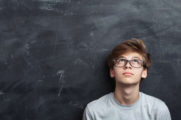 thoughtful teenage boy student in eyeglasses over blackboard with copy space - Powered by Adobe