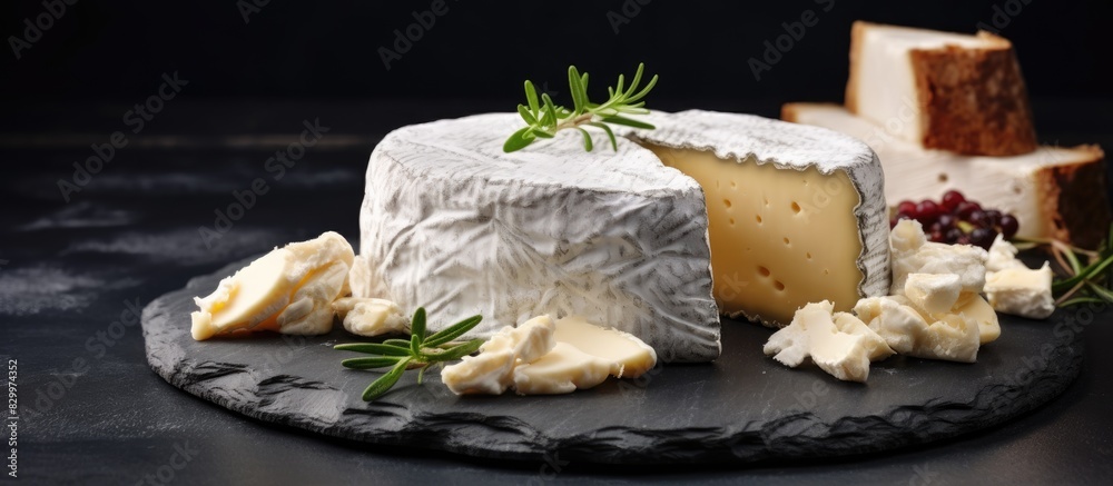 Poster aged goat cheese on a slate board surrounded by chunks of hard cheese the long ripening process give