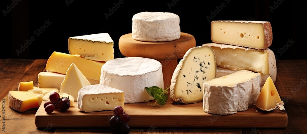 Poster a collection of french cheeses on a wooden board with ample room for additional text or images in th