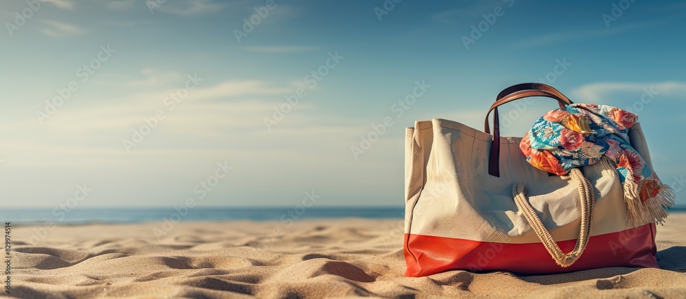 Poster light background copy space image of a beach bag filled with clothes perfect for a day at the beach