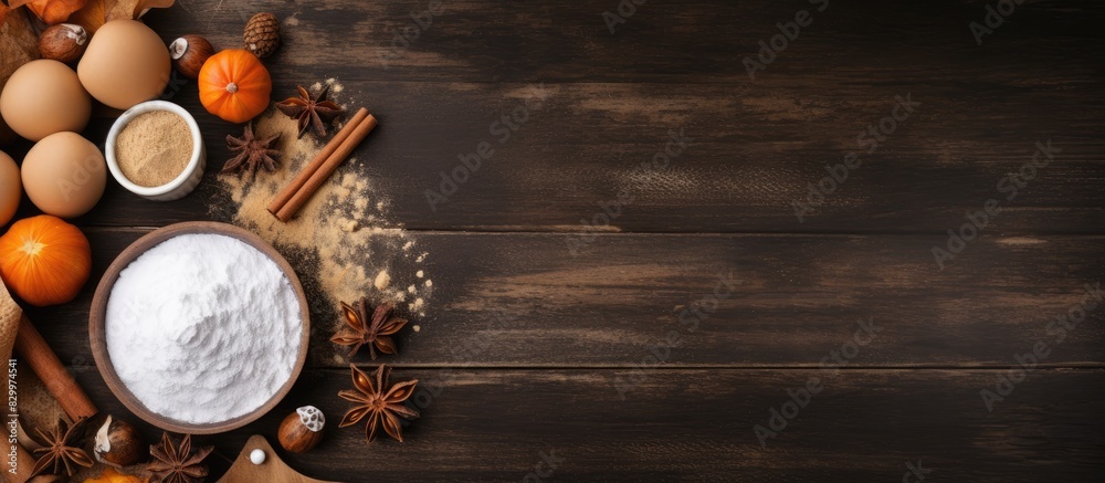 Aufkleber A copy space image featuring the essential ingredients for making pumpkin pie or cookies including cinnamon flour eggs a whisk and a rolling pin arranged on a dark wooden table alongside a frame for a