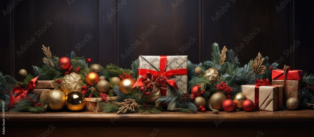 Poster A festive arrangement of Christmas decor including a gift box nestled amidst spruce branches cones and ornaments Perfect for showcasing your own image. with copy space image