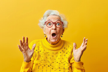  surprised senior woman over yellow background