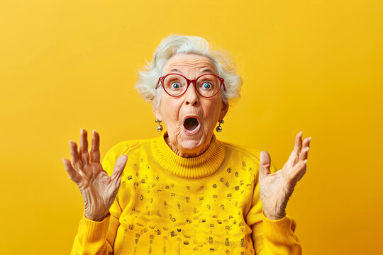  surprised senior woman over yellow background