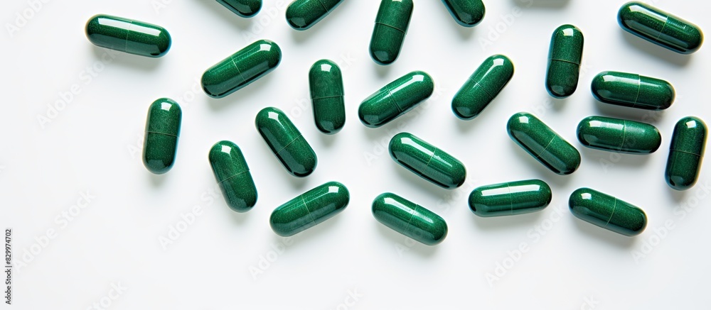 Poster a dietary supplement of spirulina in tablet form a mockup showcasing a frame of green tablets made f