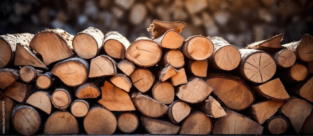 Leinwandbilder A close up image of a stack of wooden logs with empty space surrounding the woodpile. with copy space image. Place for adding text or design