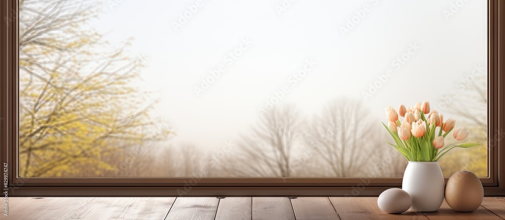 Poster empty wooden desk with free space for your easter egg decorations brown window provides a serene bac