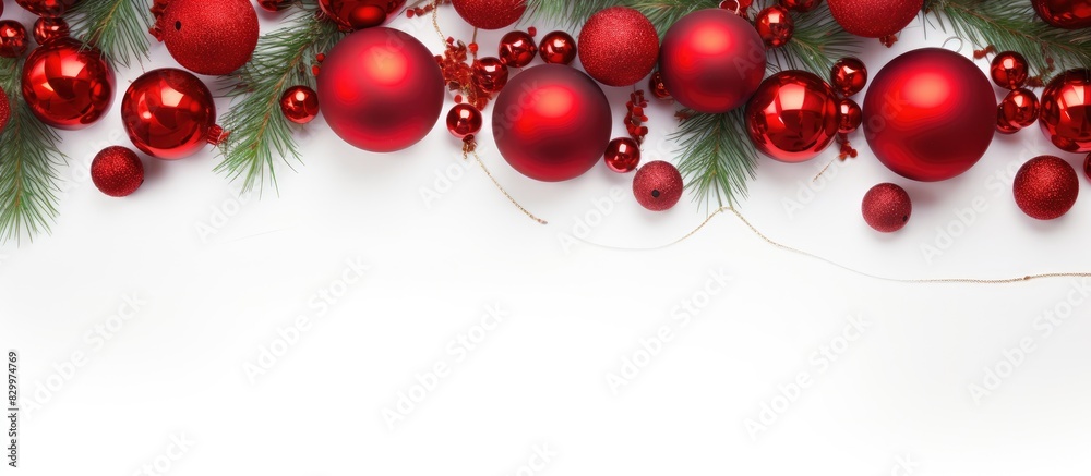 Poster a festive christmas arrangement featuring a garland of red balls and fir tree branches on a white ba
