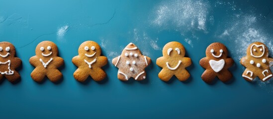 Fototapeta premium A top view copy space image of Halloween themed gingerbread evil characters on a blue background resembling traditional Halloween traditions