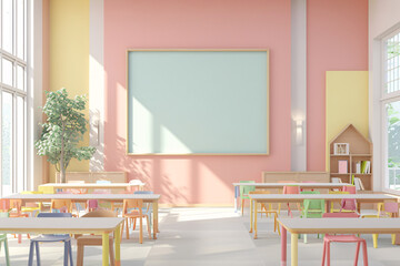 modern bright class room with tables, chairs and chalkboard