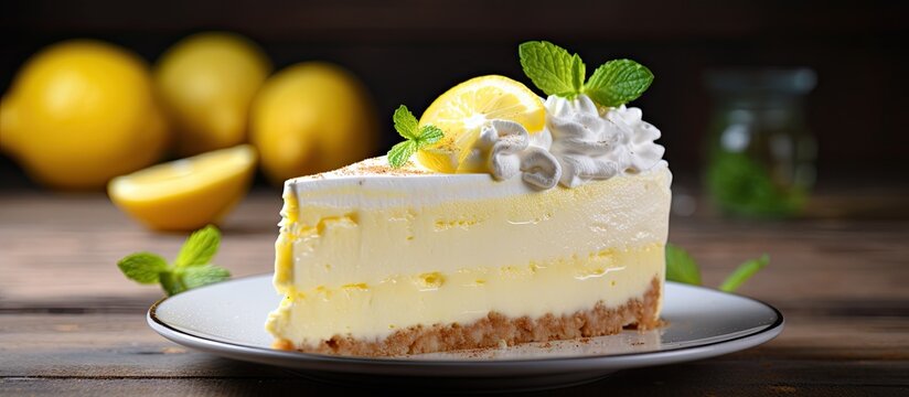 A close up view of a lemon cheesecake showcasing its layered arrangement This copy space image captures the intricate details of the dessert