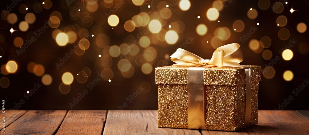 Poster a festive gift box adorned with decorations and placed on a wooden background providing ample space 