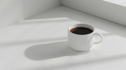 Minimalist white cup filled with black coffee placed on a sunlit white surface, casting soft shadows. The serene and clean setting reflects a peaceful morning coffee moment