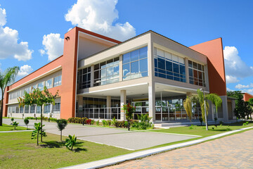 modern yellow school building with green grass and sky