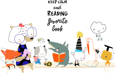 Cute Cartoon Animals sitting on Bench and reading Books. Vector Illustration