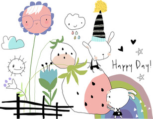 Little Cartoon Rabbits with Big Strawberries and Flowers Vector Illustration