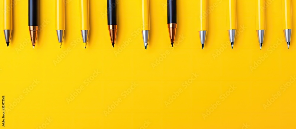 Poster new brightly colored felt tip pens on a yellow background accompanied by their caps with ample copy 