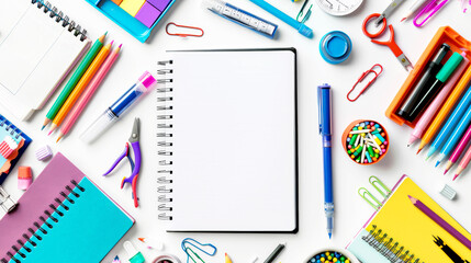 Bright school supplies and notebook on a white background.