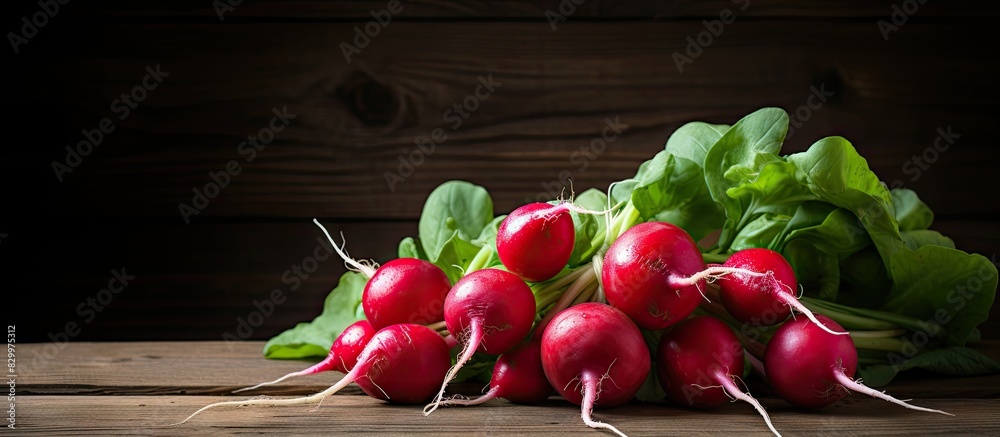 Poster an image of organic food vegetables specifically red radishes placed on a rustic wooden background w